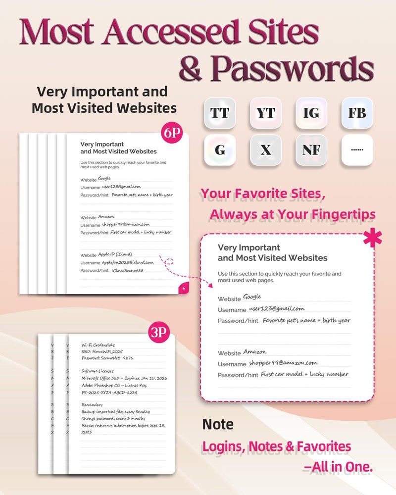 hi!SCI Password Keeper Book with Colorful Alphabetical Tabs, Small Pocket Password Logbook for Seniors, 4.7 x 6.2" Internet Website Address Organizer, Stores 675 Passwords (Pink) - Image 5